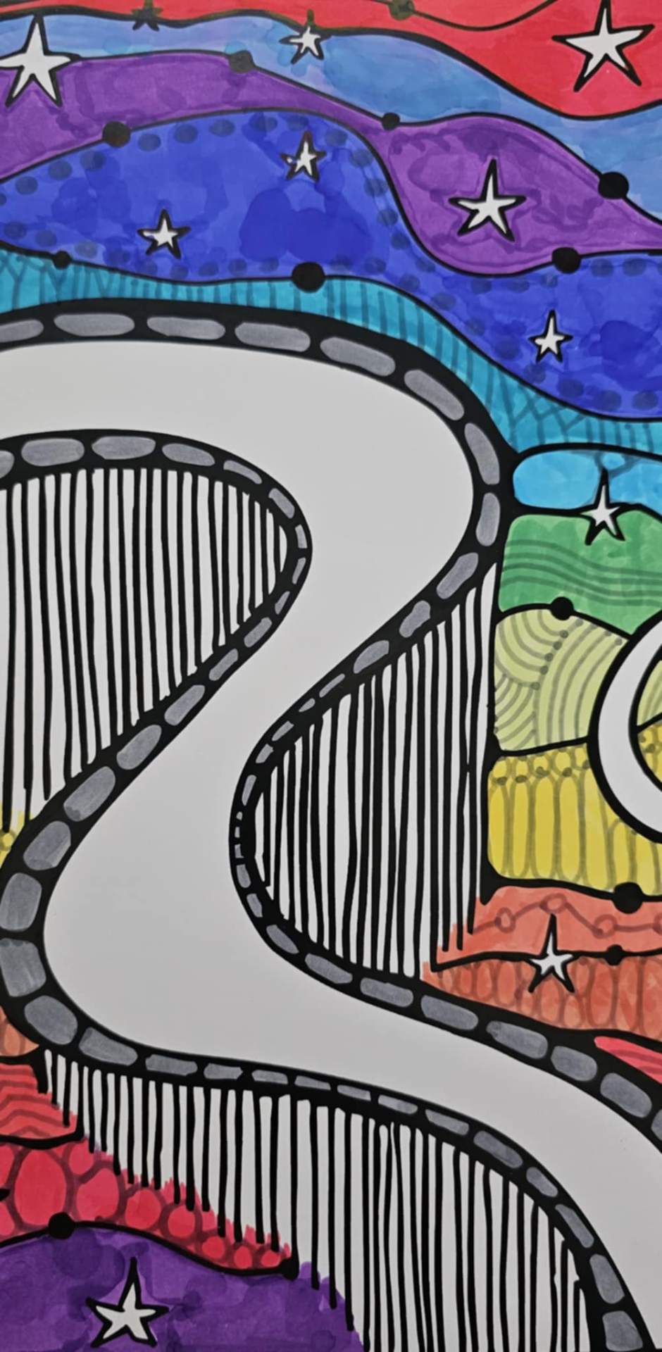 Therapeutic colouring illustration of a winding pathway through a star-filled landscape from The Art of Balanced Self-Care colouring book collection