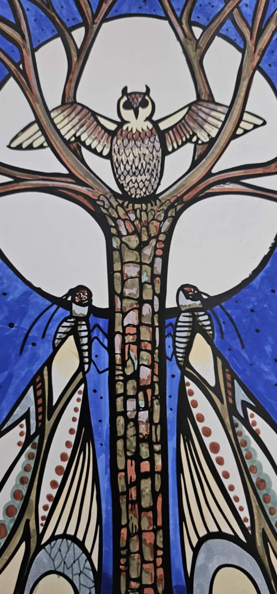 Calming mindfulness colouring illustration of an owl and moths beneath a full moon by author and artist Marnie Lee