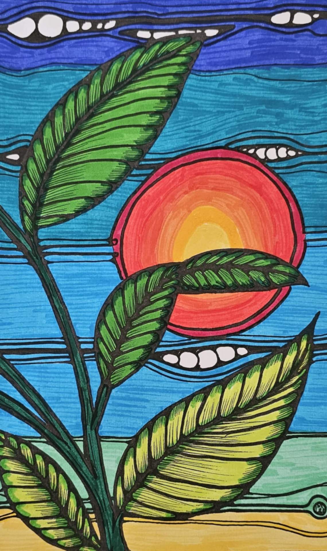 Nature-inspired mindfulness colouring illustration of leaves and a rising sun from The Art of Mindfulness colouring book collection